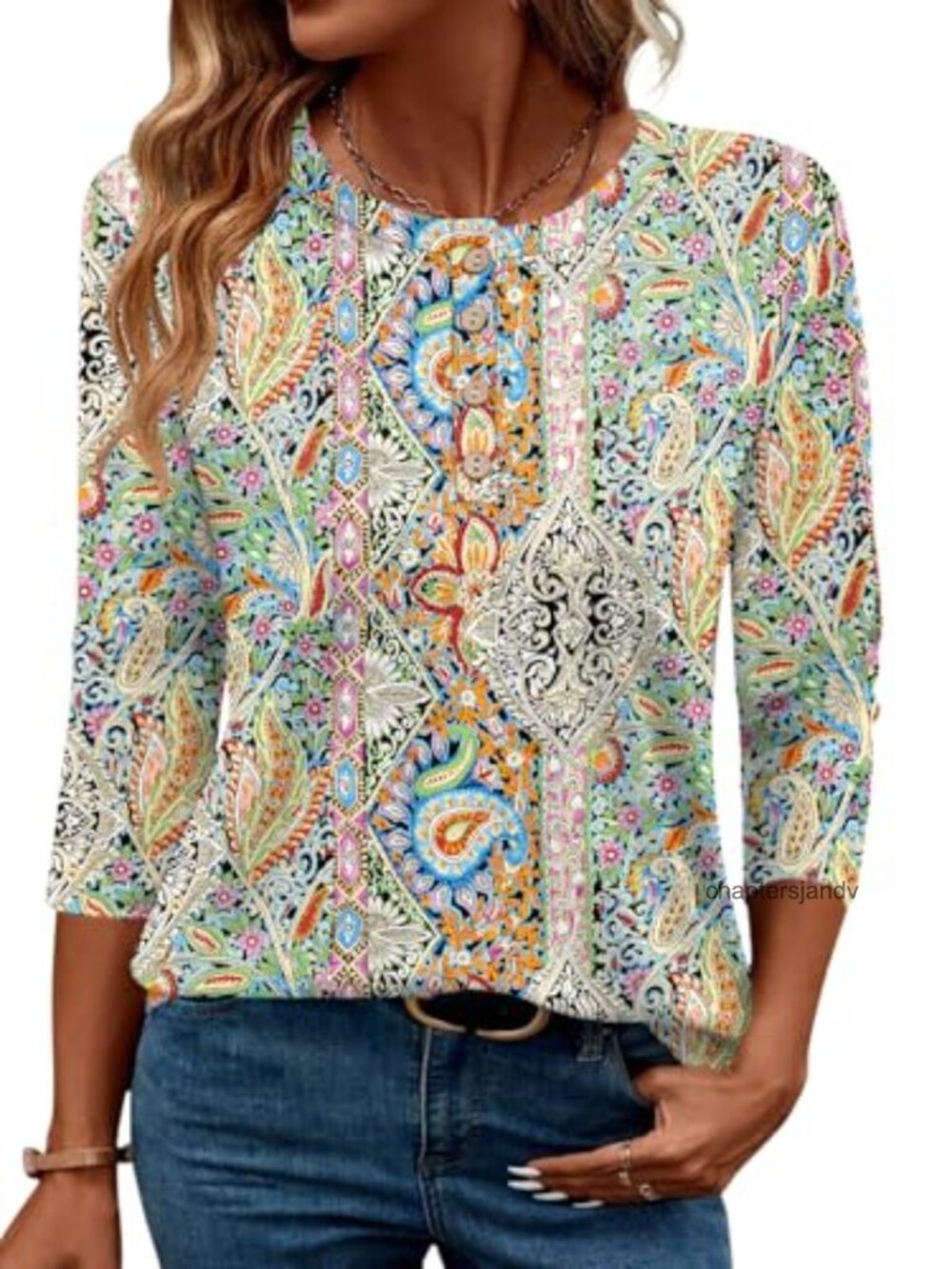Soft Knit 3-4 Sleeve Floral Tunic Blouse for Women